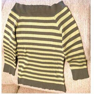OLIVE & LIGHT SAGE STRIPED ¾ SLEEVE BOATNECK SWEATER – MISSES PETITE/SMALL